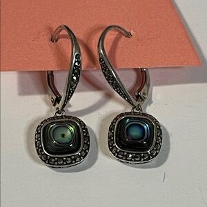 Abalone Drop Earrings with Silver-Tone Marcasite Accents - Green Blue